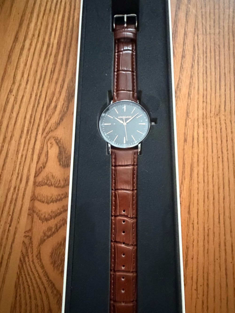 Longines Brown Leather Strap Watch with Black Dial and Silver Case